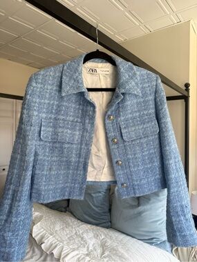 Zara Blue Tweed Cropped Blazer